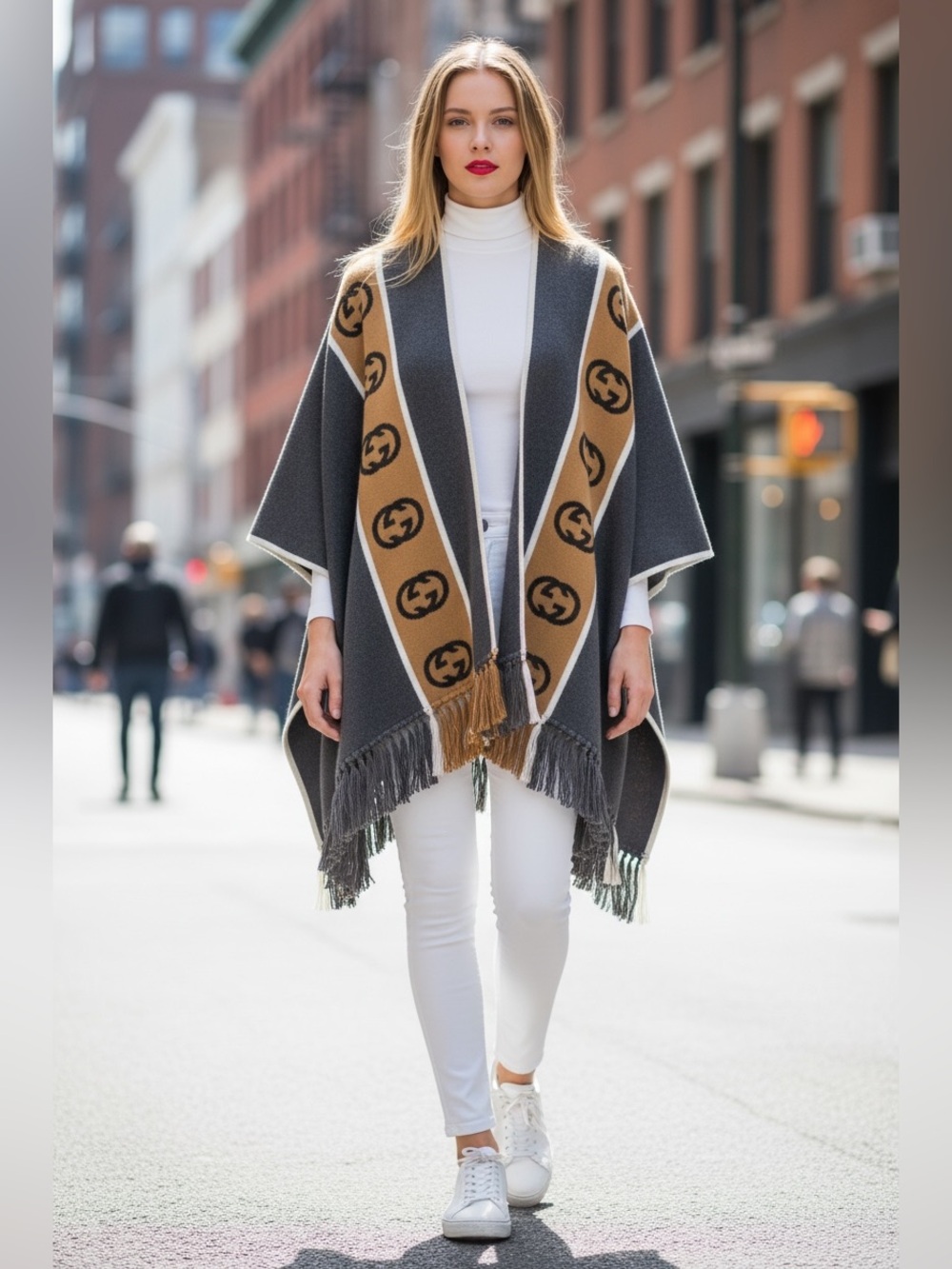 Gucci Slate & Camel Logo-Trim Open Front Poncho - Picture 12 of 12